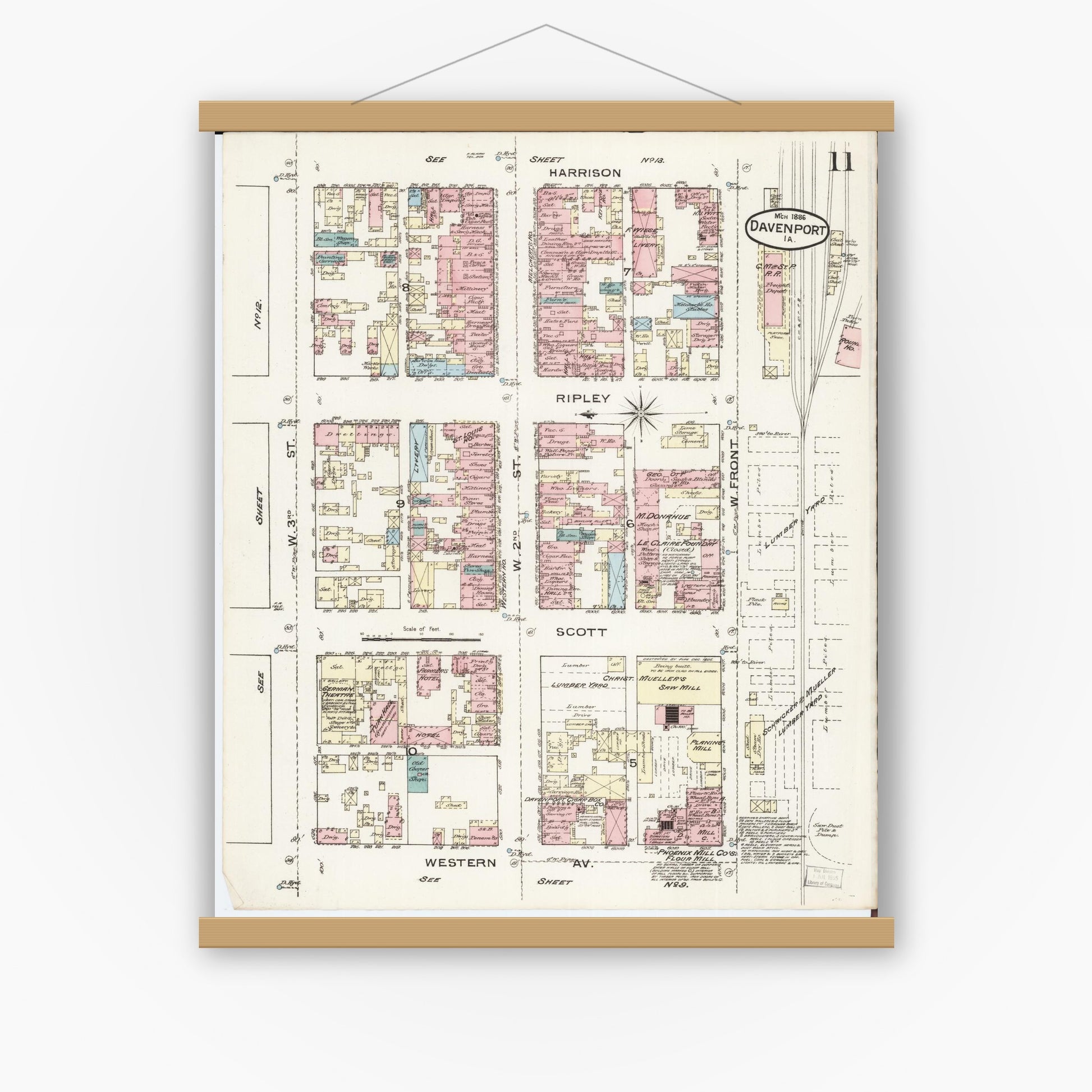 Old map wall art mockup — magnetic wood frame on white wall — Sanborn Fire Insurance Map from Davenport, Scott County, Iowa (1886), Sheet #0011
