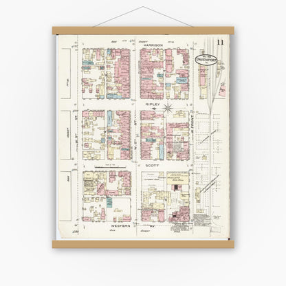 Old map wall art mockup — magnetic wood frame on white wall — Sanborn Fire Insurance Map from Davenport, Scott County, Iowa (1886), Sheet #0011