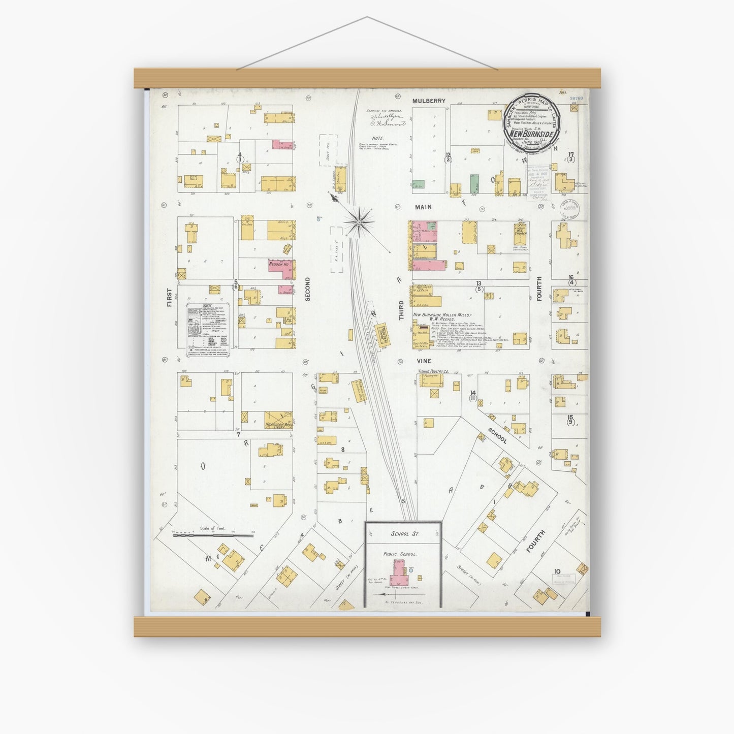 Old map wall art mockup — magnetic wood frame on white wall — Sanborn Fire Insurance Map from New Burnside, Johnson County, Illinois (1900), Sheet #0001