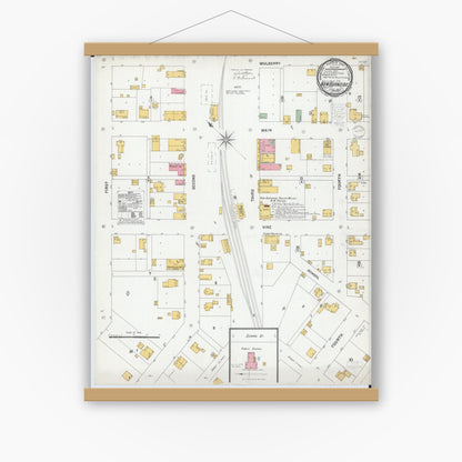 Old map wall art mockup — magnetic wood frame on white wall — Sanborn Fire Insurance Map from New Burnside, Johnson County, Illinois (1900), Sheet #0001