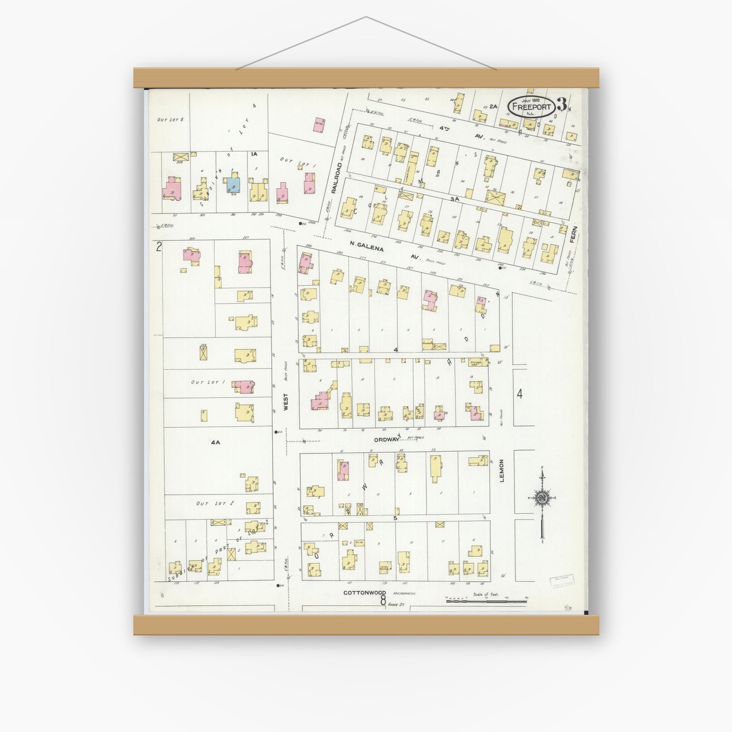 Old map wall art mockup — magnetic wood frame on white wall — Sanborn Fire Insurance Map from Freeport, Stephenson County, Illinois (1910), Sheet #0003