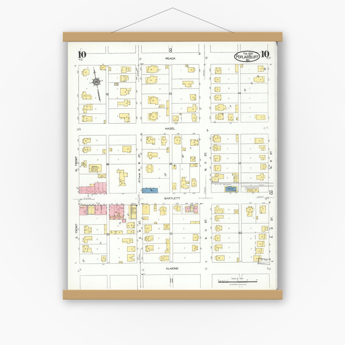Old map wall art mockup — magnetic wood frame on white wall — Sanborn Fire Insurance Map from Poplar Bluff, Butler County, Missouri (1924), Sheet #0010