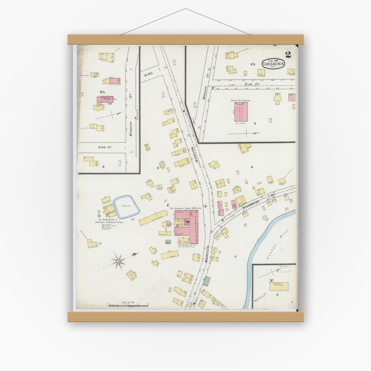 Old map wall art mockup — magnetic wood frame on white wall — Sanborn Fire Insurance Map from Coxsackie, Greene County, New York (1895), Sheet #0002