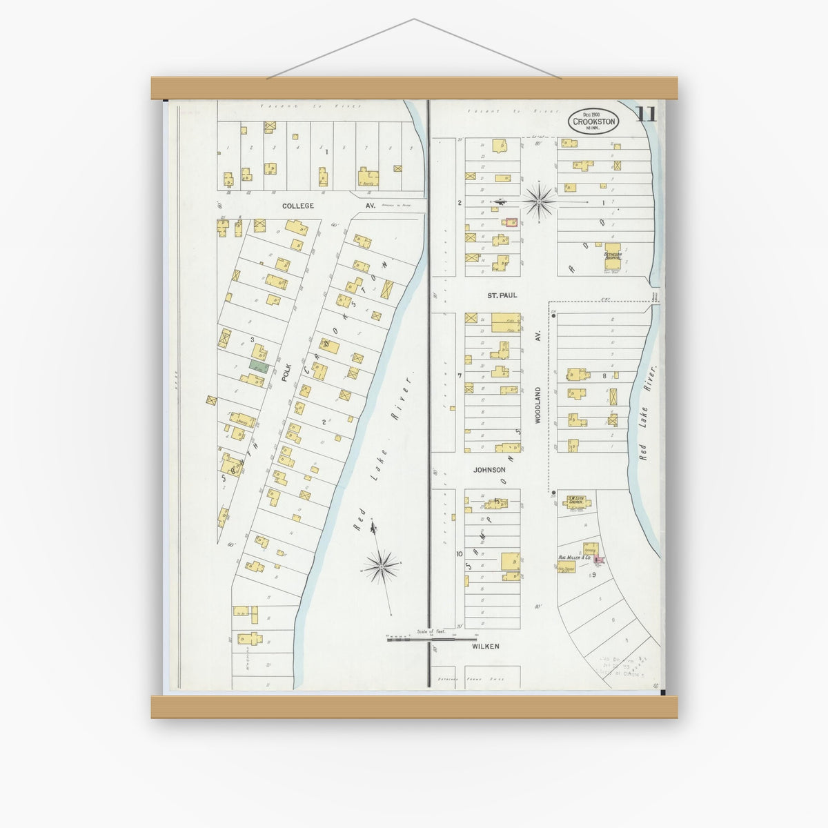 Old map wall art mockup — magnetic wood frame on white wall — Sanborn Fire Insurance Map from Crookston, Polk County, Minnesota (1900), Sheet #0011