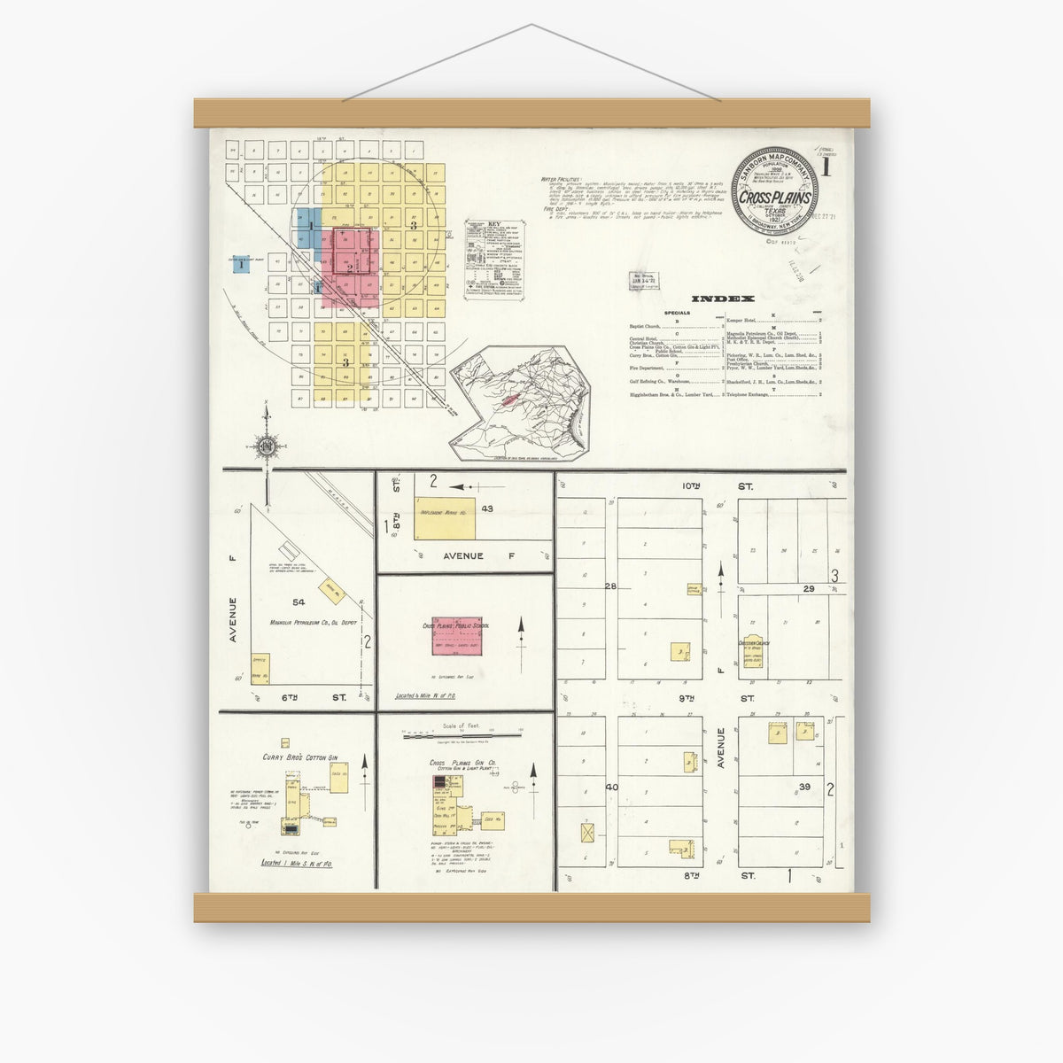 Old map wall art mockup — magnetic wood frame on white wall — Sanborn Fire Insurance Map from Cross Plains, Callahan County, Texas (1921) - Complete Map Set