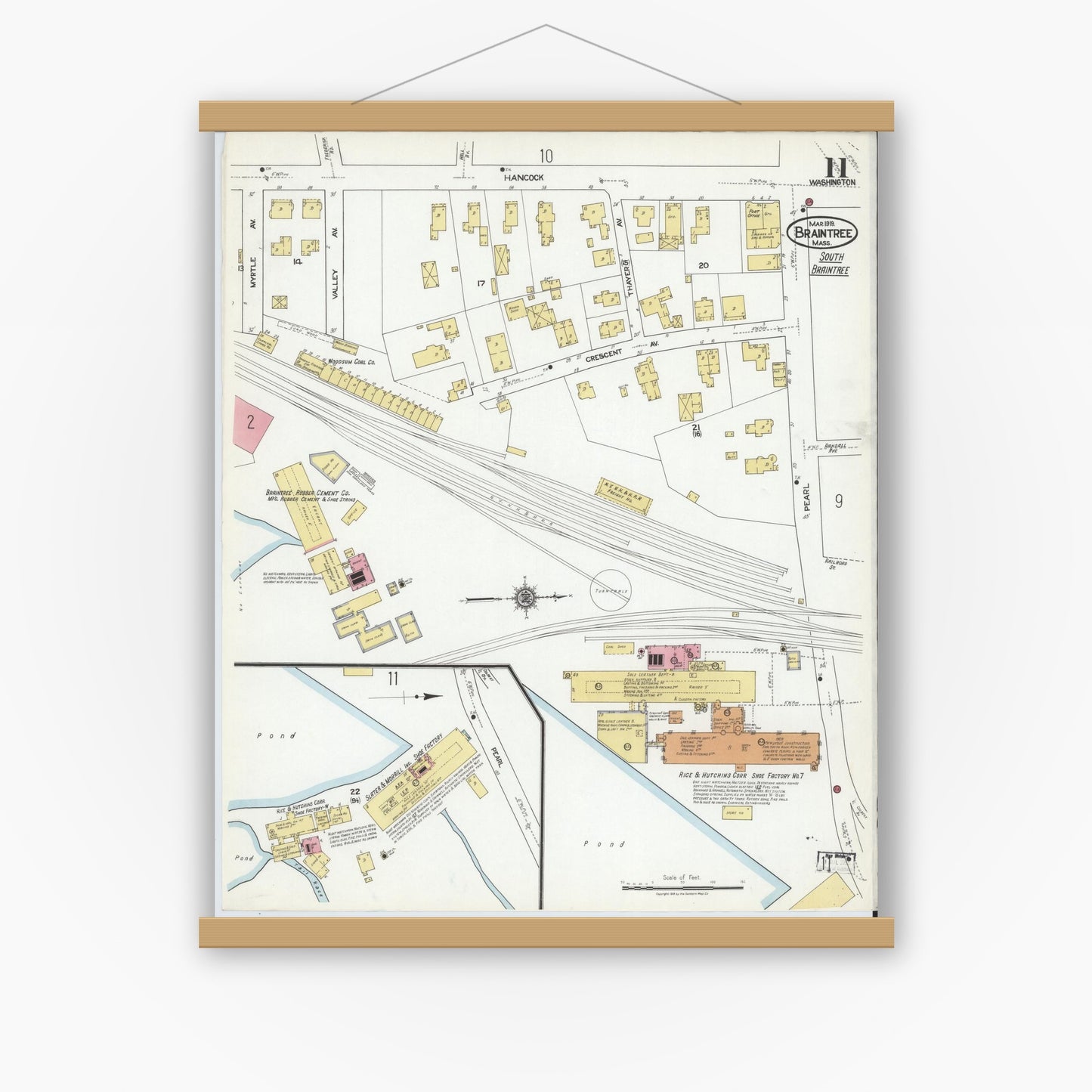 Old map wall art mockup — magnetic wood frame on white wall — Sanborn Fire Insurance Map from Braintree, Norfolk County, Massachusetts (1919), Sheet #0011
