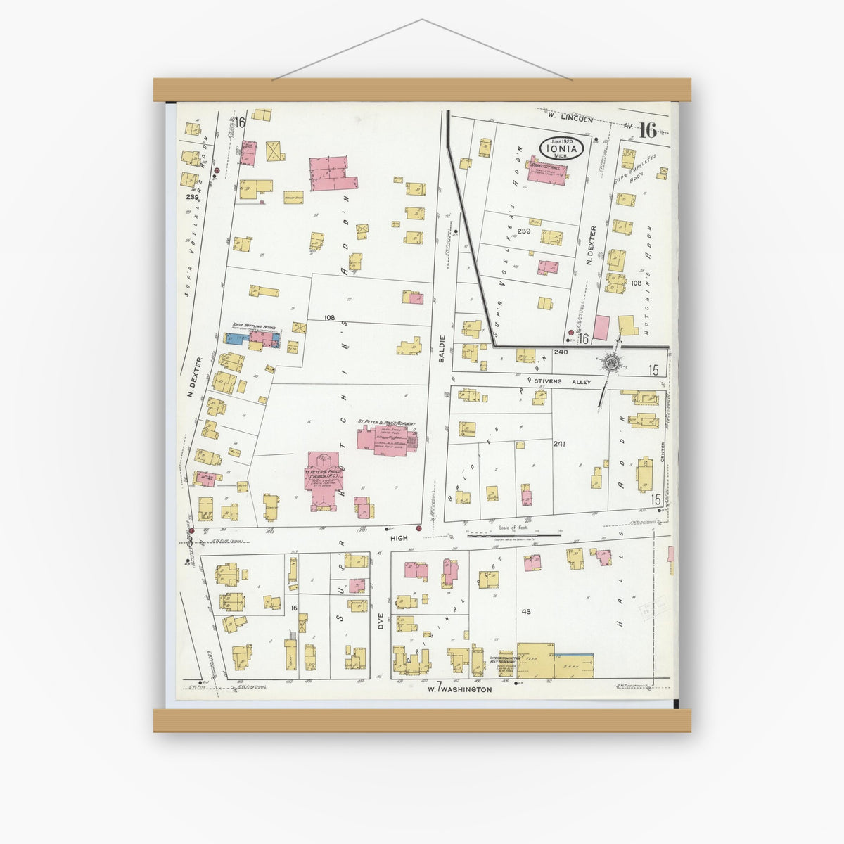 Old map wall art mockup — magnetic wood frame on white wall — Sanborn Fire Insurance Map from Ionia, Ionia County, Michigan (1920), Sheet #0016