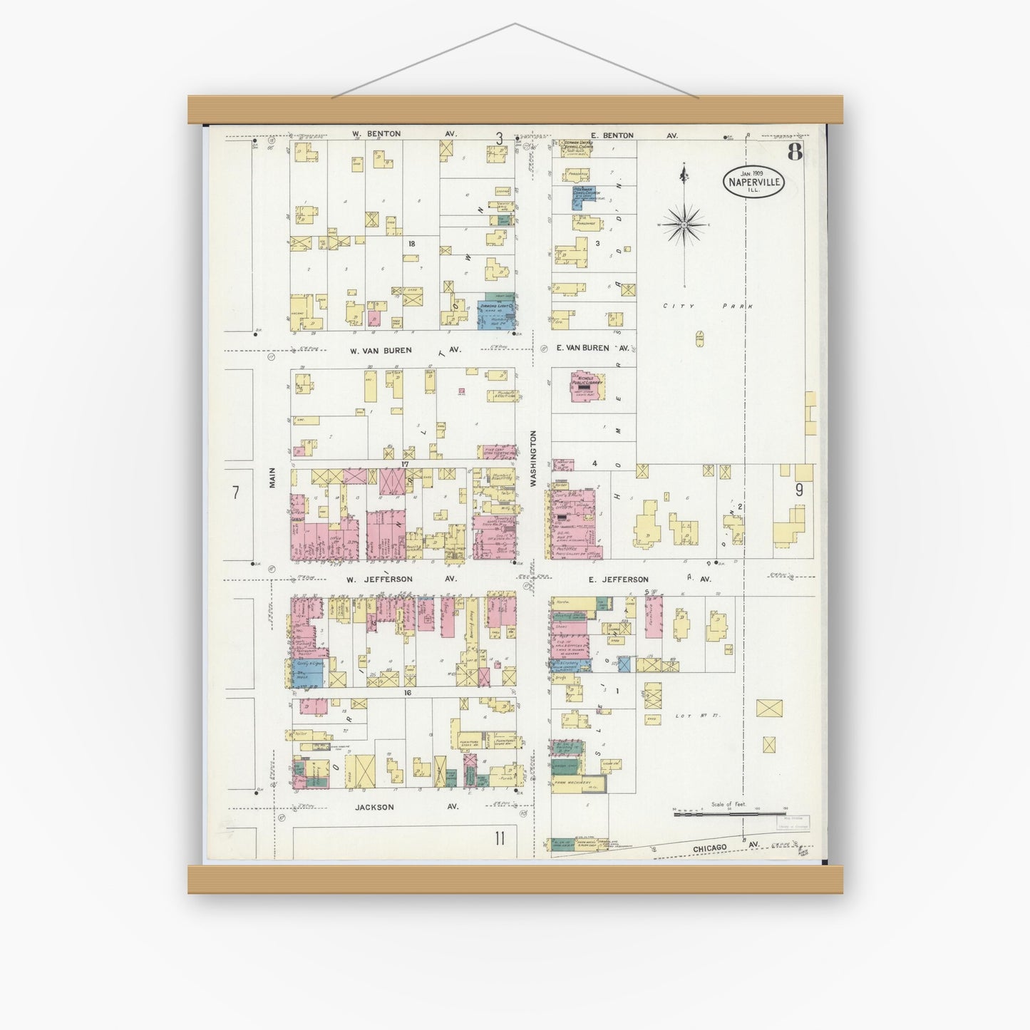 Old map wall art mockup — magnetic wood frame on white wall — Sanborn Fire Insurance Map from Naperville, Du Page County, Illinois (1909), Sheet #0008