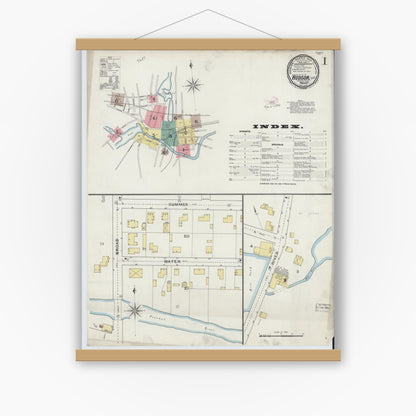 Old map wall art mockup — magnetic wood frame on white wall — Sanborn Fire Insurance Map from Hudson, Middlesex County, Massachusetts (1894), Sheet #0001