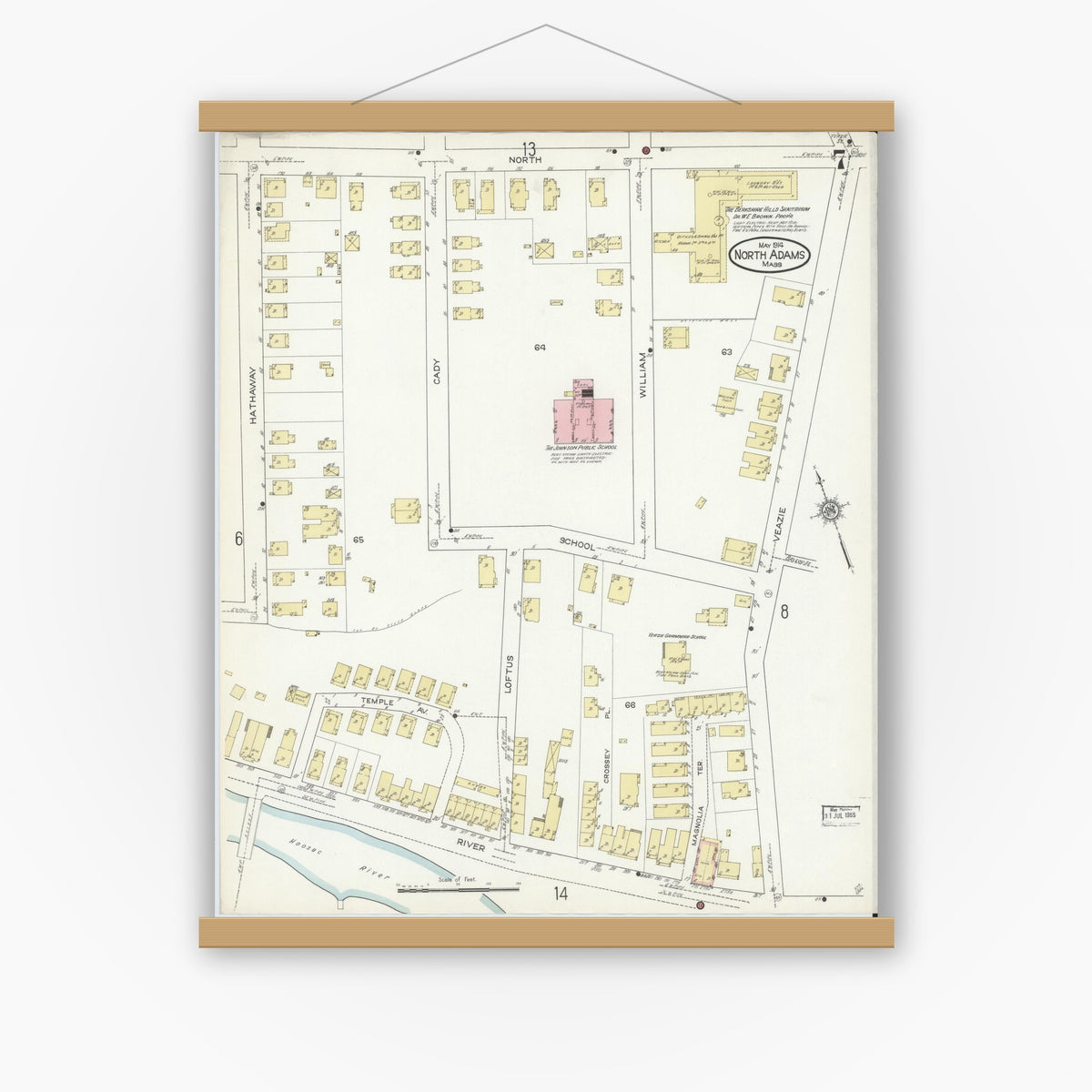 Old map wall art mockup — magnetic wood frame on white wall — Sanborn Fire Insurance Map from North Adams, Berkshire County, Massachusetts (1914), Sheet #0007