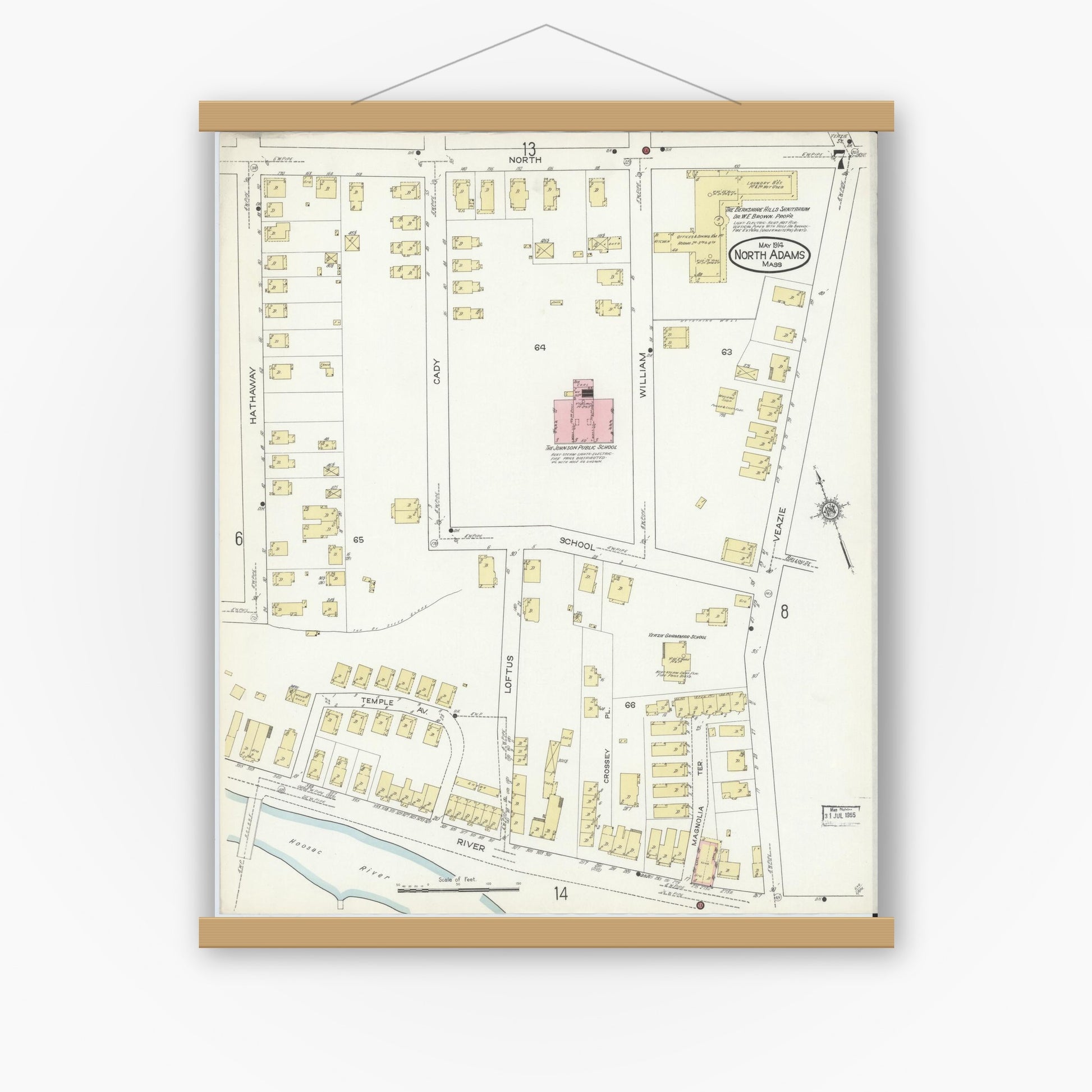 Old map wall art mockup — magnetic wood frame on white wall — Sanborn Fire Insurance Map from North Adams, Berkshire County, Massachusetts (1914), Sheet #0007