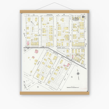 Old map wall art mockup — magnetic wood frame on white wall — Sanborn Fire Insurance Map from Cairo, Alexander County, Illinois (1914), Sheet #0019
