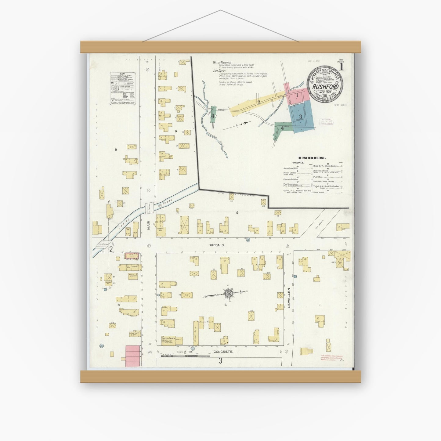 Old map wall art mockup — magnetic wood frame on white wall — Sanborn Fire Insurance Map from Rushford, Allegany County, New York (1912), Sheet #0001