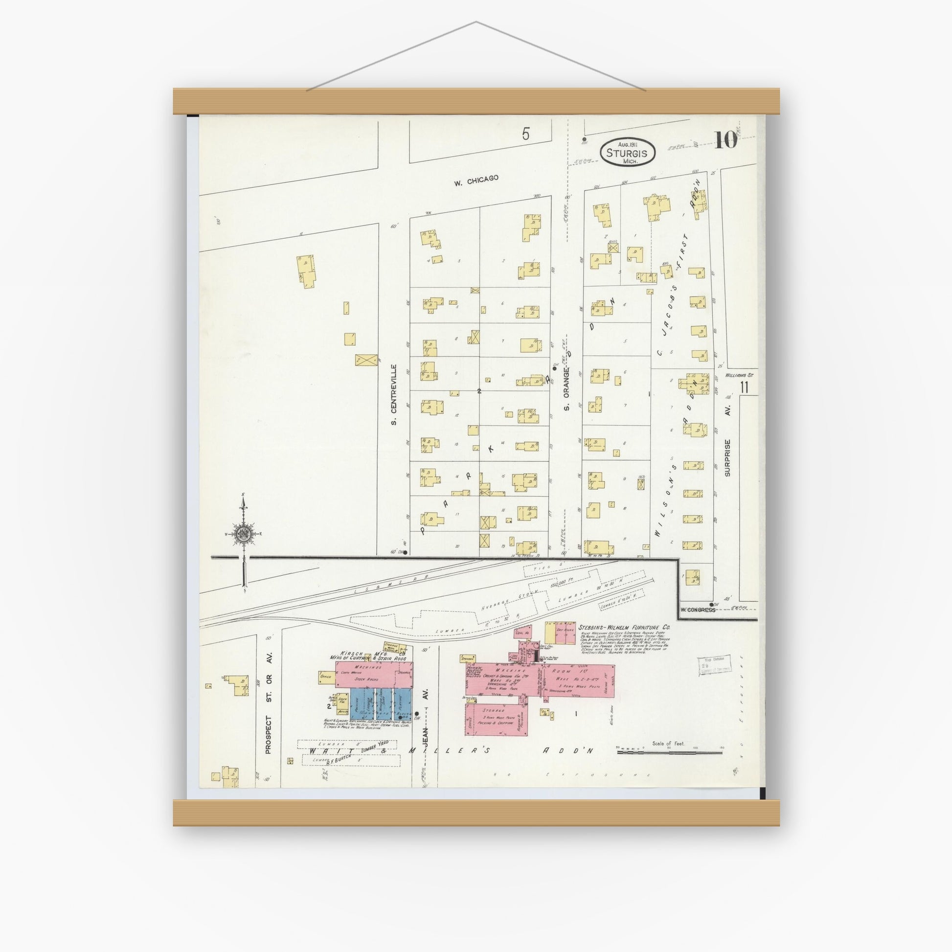 Old map wall art mockup — magnetic wood frame on white wall — Sanborn Fire Insurance Map from Sturgis, Saint Joseph County, Michigan (1911), Sheet #0010