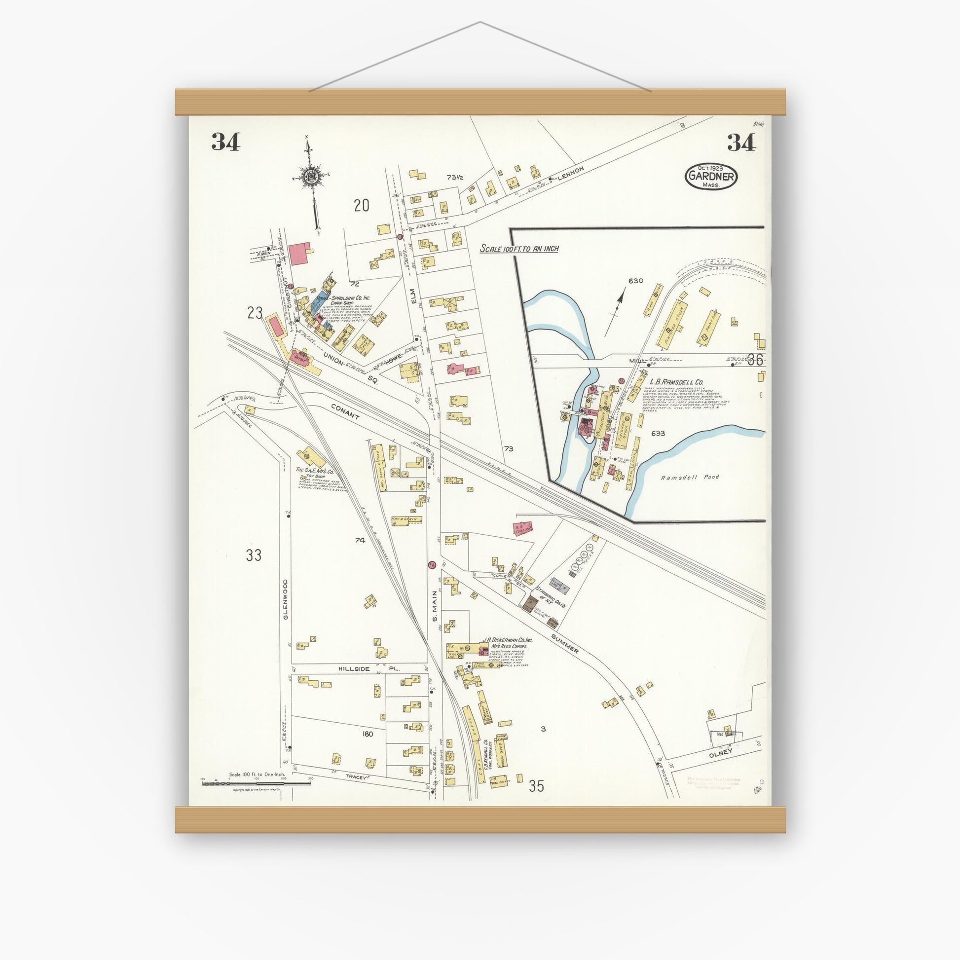 Old map wall art mockup — magnetic wood frame on white wall — Sanborn Fire Insurance Map from Gardner, Worcester County, Massachusetts (1923), Sheet #0034