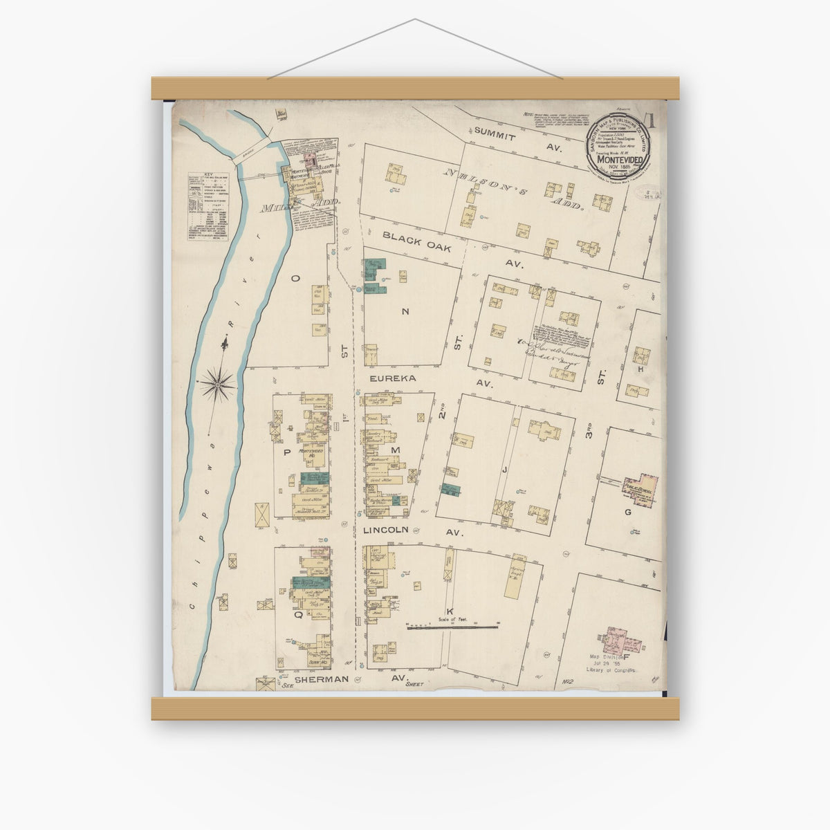 Old map wall art mockup — magnetic wood frame on white wall — Sanborn Fire Insurance Map from Montevideo, Chippewa County, Minnesota (1885), Sheet #0001