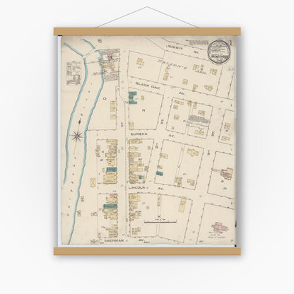 Old map wall art mockup — magnetic wood frame on white wall — Sanborn Fire Insurance Map from Montevideo, Chippewa County, Minnesota (1885), Sheet #0001