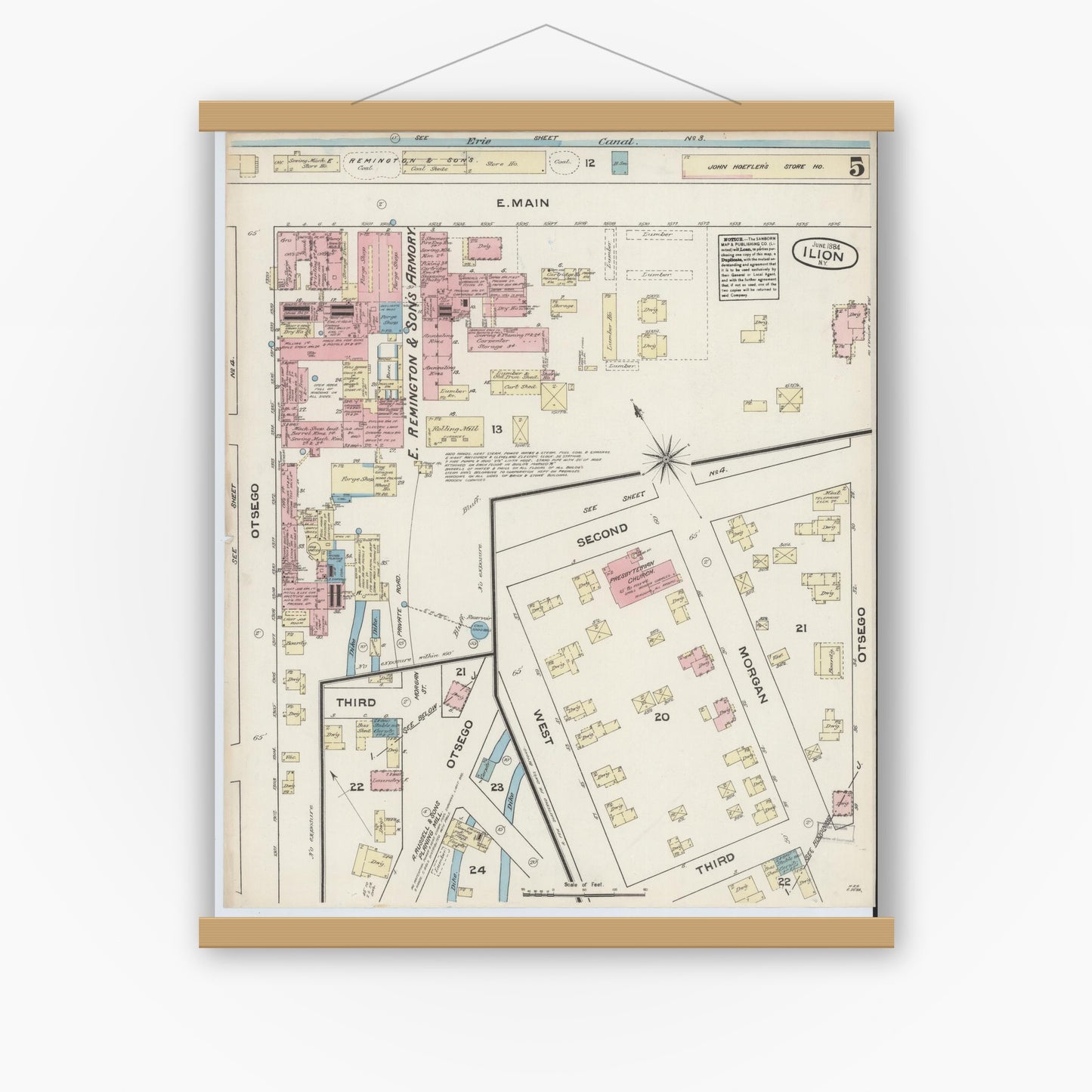 Old map wall art mockup — magnetic wood frame on white wall — Sanborn Fire Insurance Map from Ilion, Herkimer County, New York (1884), Sheet #0005