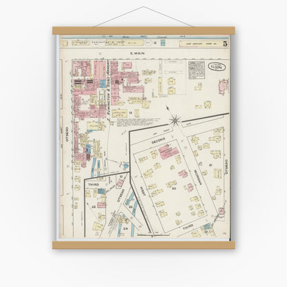 Old map wall art mockup — magnetic wood frame on white wall — Sanborn Fire Insurance Map from Ilion, Herkimer County, New York (1884), Sheet #0005