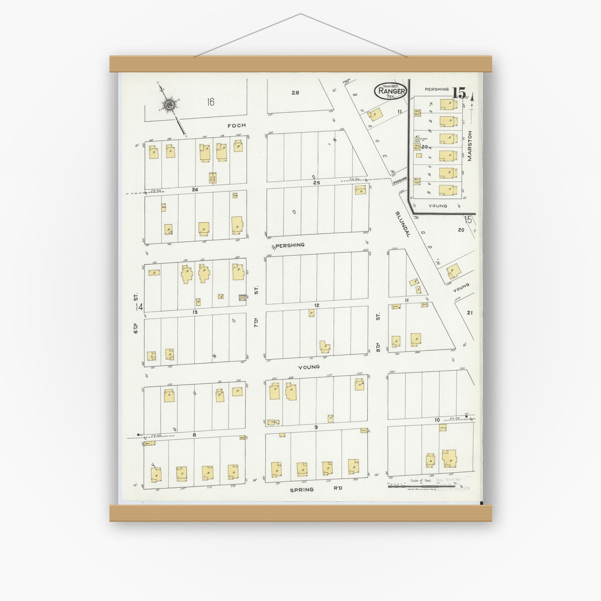 Old map wall art mockup — magnetic wood frame on white wall — Sanborn Fire Insurance Map from Ranger, Eastland County, Texas (1920), Sheet #0015