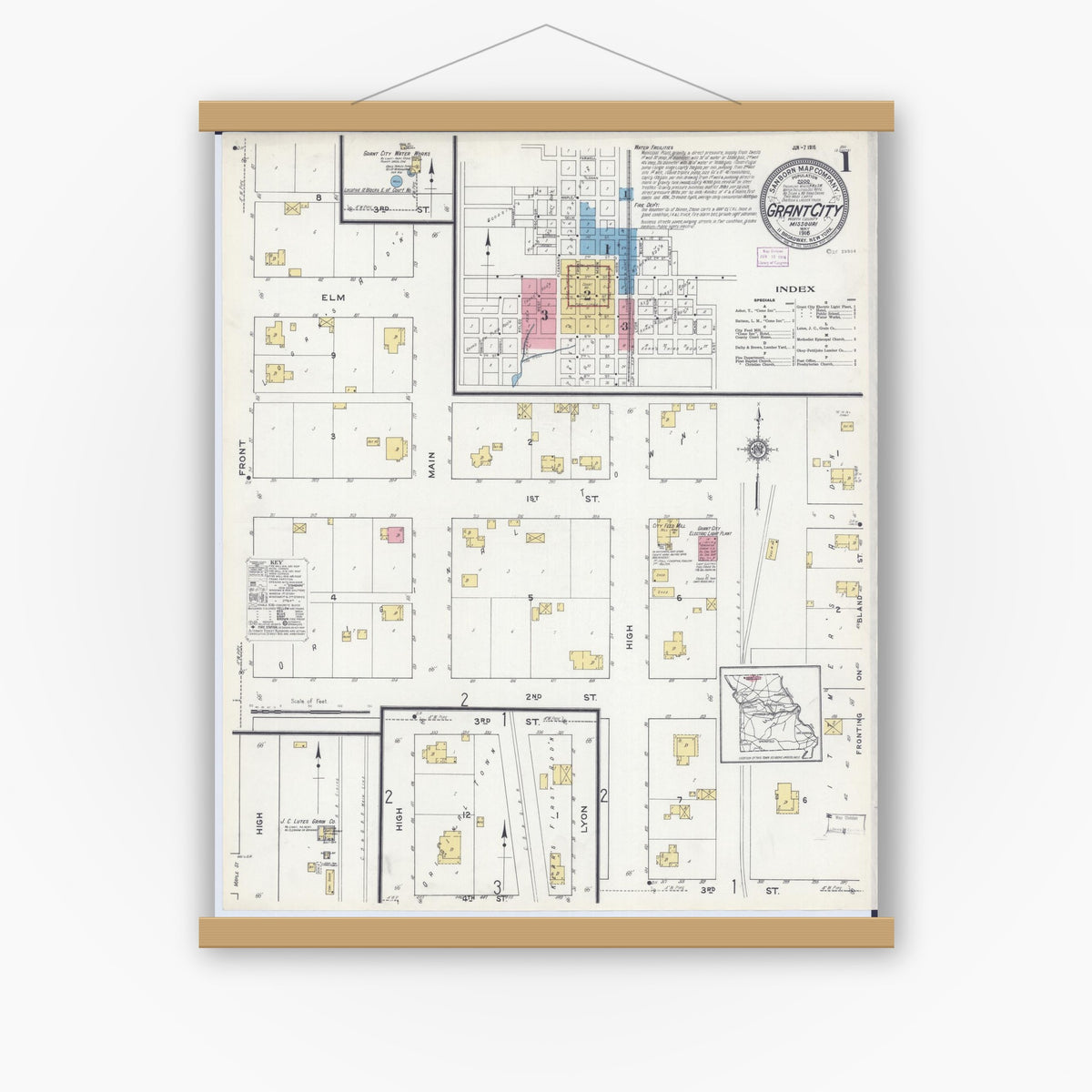 Old map wall art mockup — magnetic wood frame on white wall — Sanborn Fire Insurance Map from Grant City, Worth County, Missouri (1916) - Complete Map Set