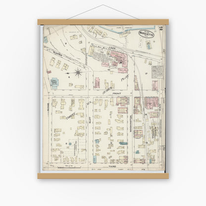 Old map wall art mockup — magnetic wood frame on white wall — Sanborn Fire Insurance Map from Marquette, Marquette County, Michigan (1884), Sheet #0002