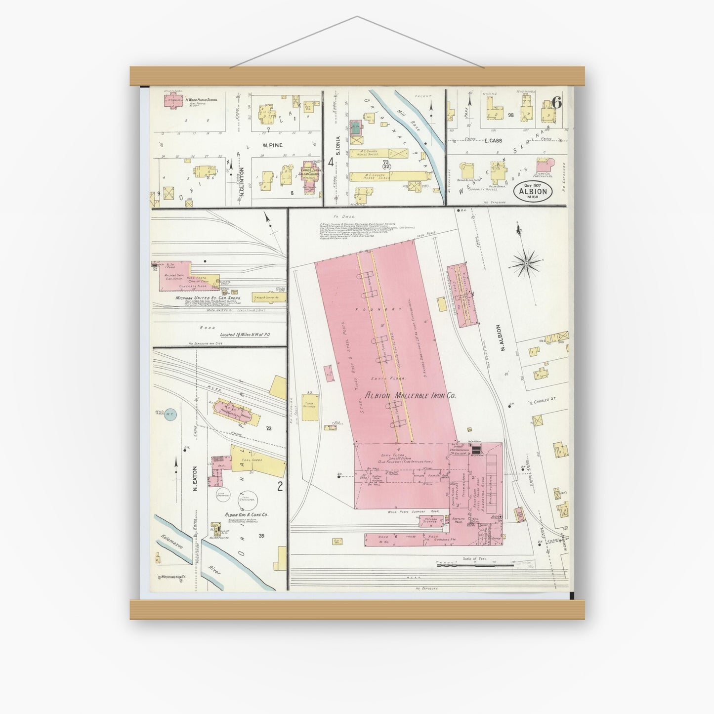 Old map wall art mockup — magnetic wood frame on white wall — Sanborn Fire Insurance Map from Albion, Calhoun County, Michigan (1907), Sheet #0006