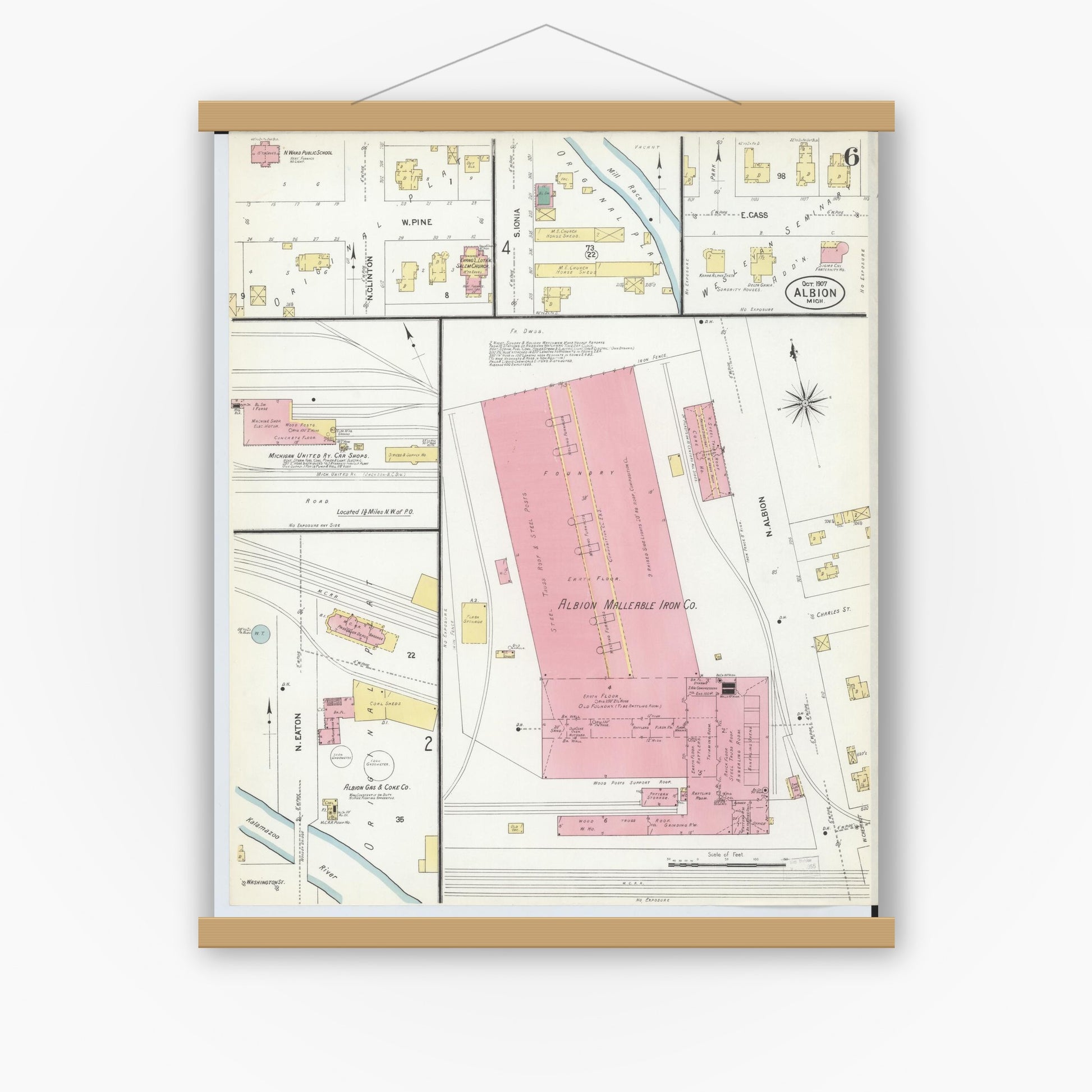 Old map wall art mockup — magnetic wood frame on white wall — Sanborn Fire Insurance Map from Albion, Calhoun County, Michigan (1907), Sheet #0006