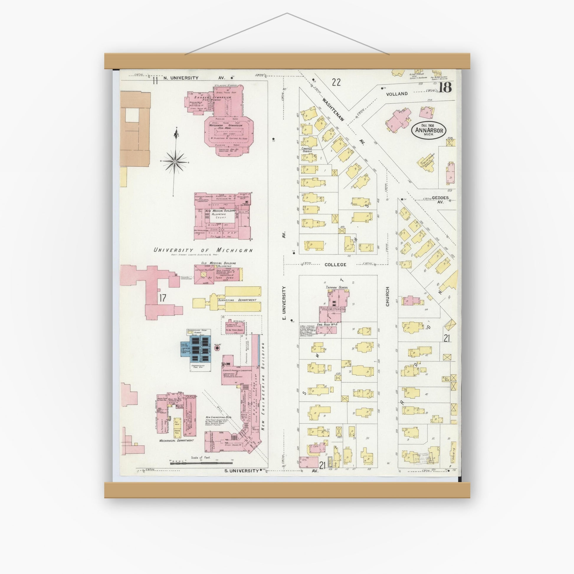 Old map wall art mockup — magnetic wood frame on white wall — Sanborn Fire Insurance Map from Ann Arbor, Washtenaw County, Michigan (1908), Sheet #0018