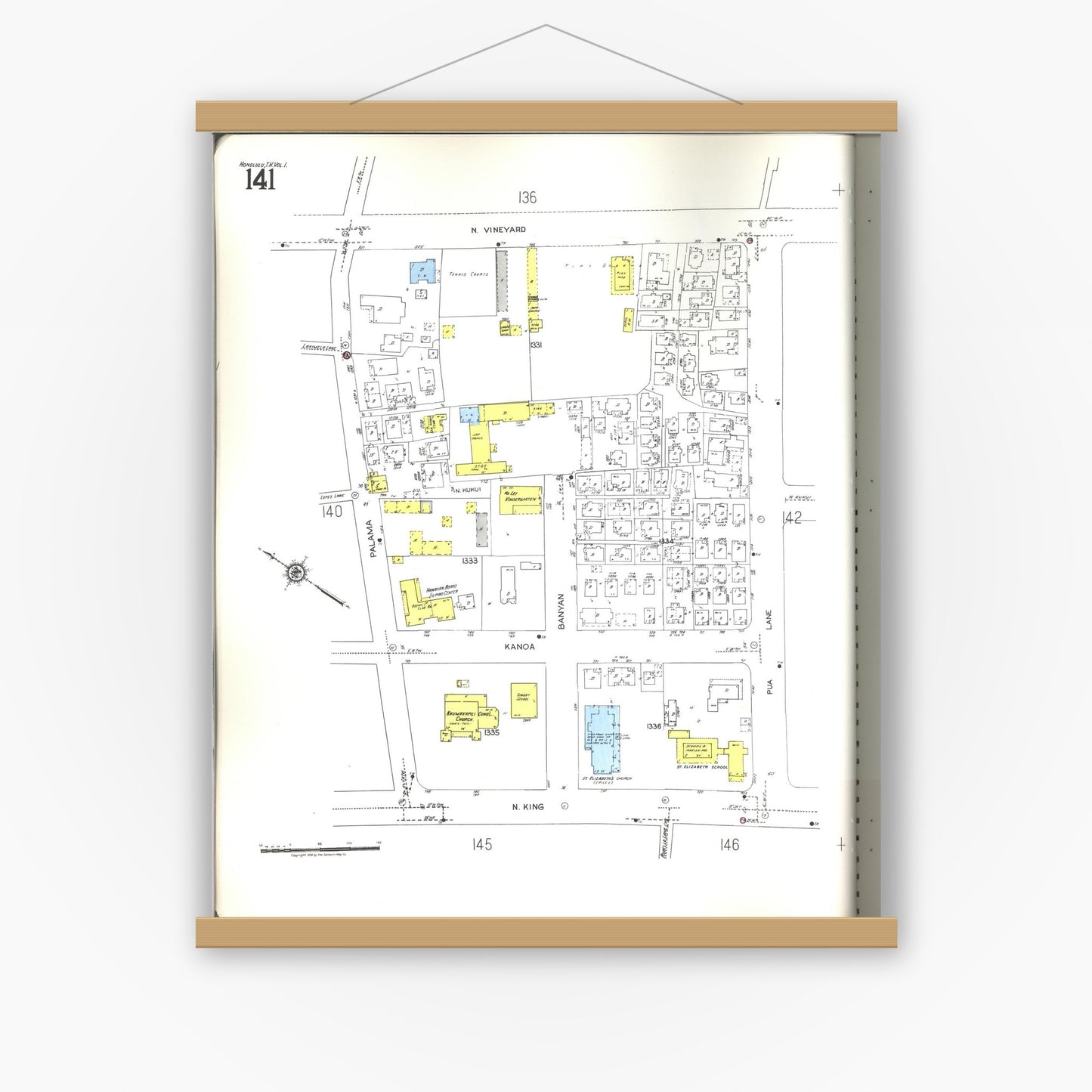 Old map wall art mockup — magnetic wood frame on white wall — Sanborn Fire Insurance Map from Honolulu, Oahu County, Hawaii (1955), Sheet #0141