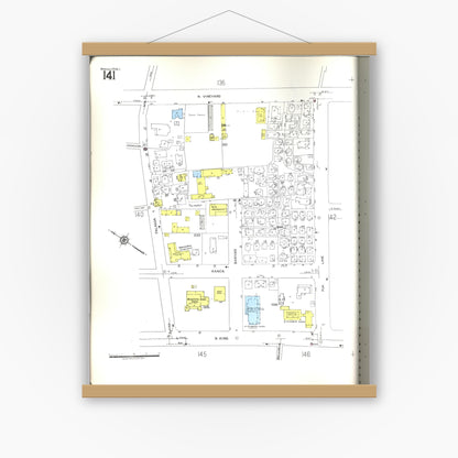 Old map wall art mockup — magnetic wood frame on white wall — Sanborn Fire Insurance Map from Honolulu, Oahu County, Hawaii (1955), Sheet #0141