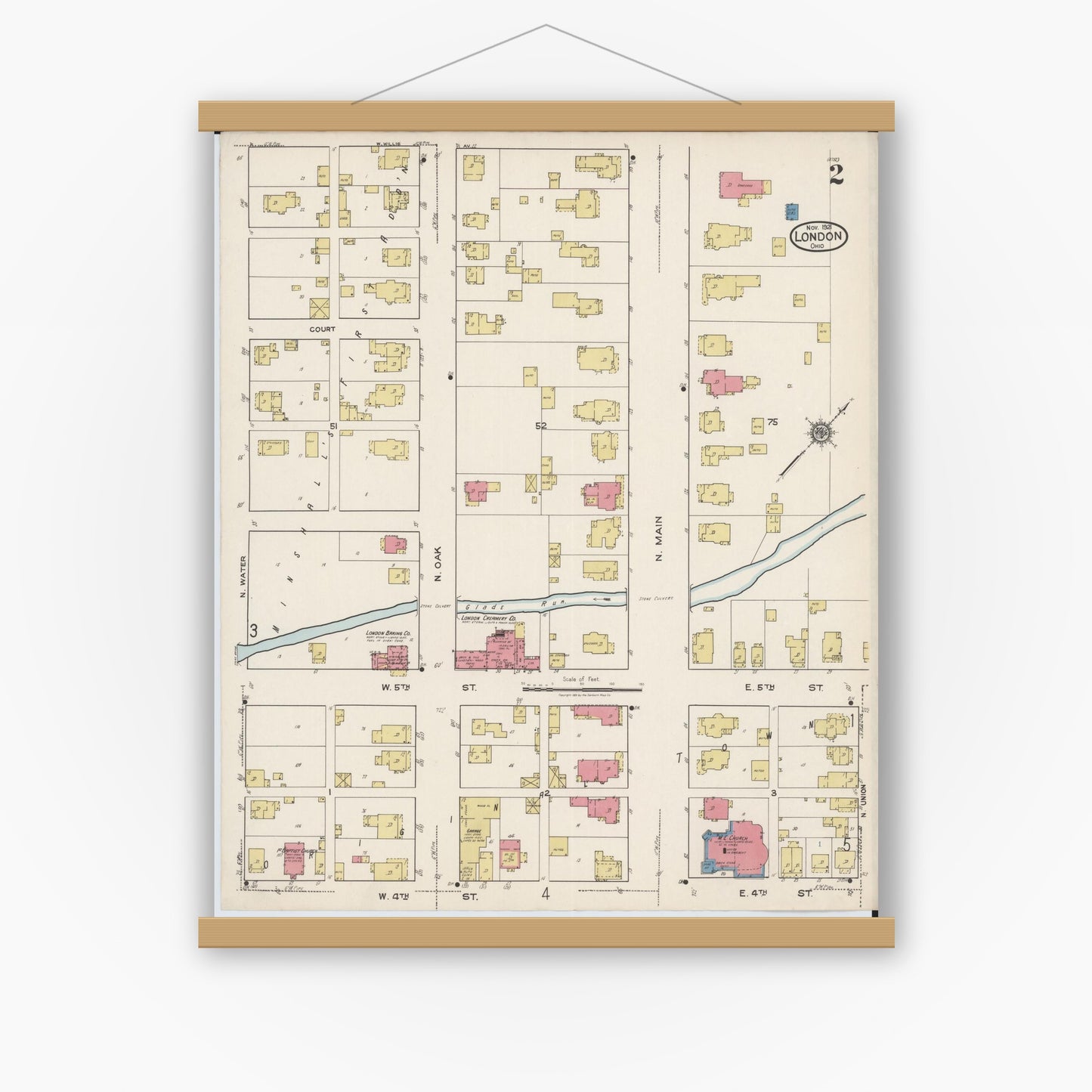 Old map wall art mockup — magnetic wood frame on white wall — Sanborn Fire Insurance Map from London, Madison County, Ohio (1921), Sheet #0002