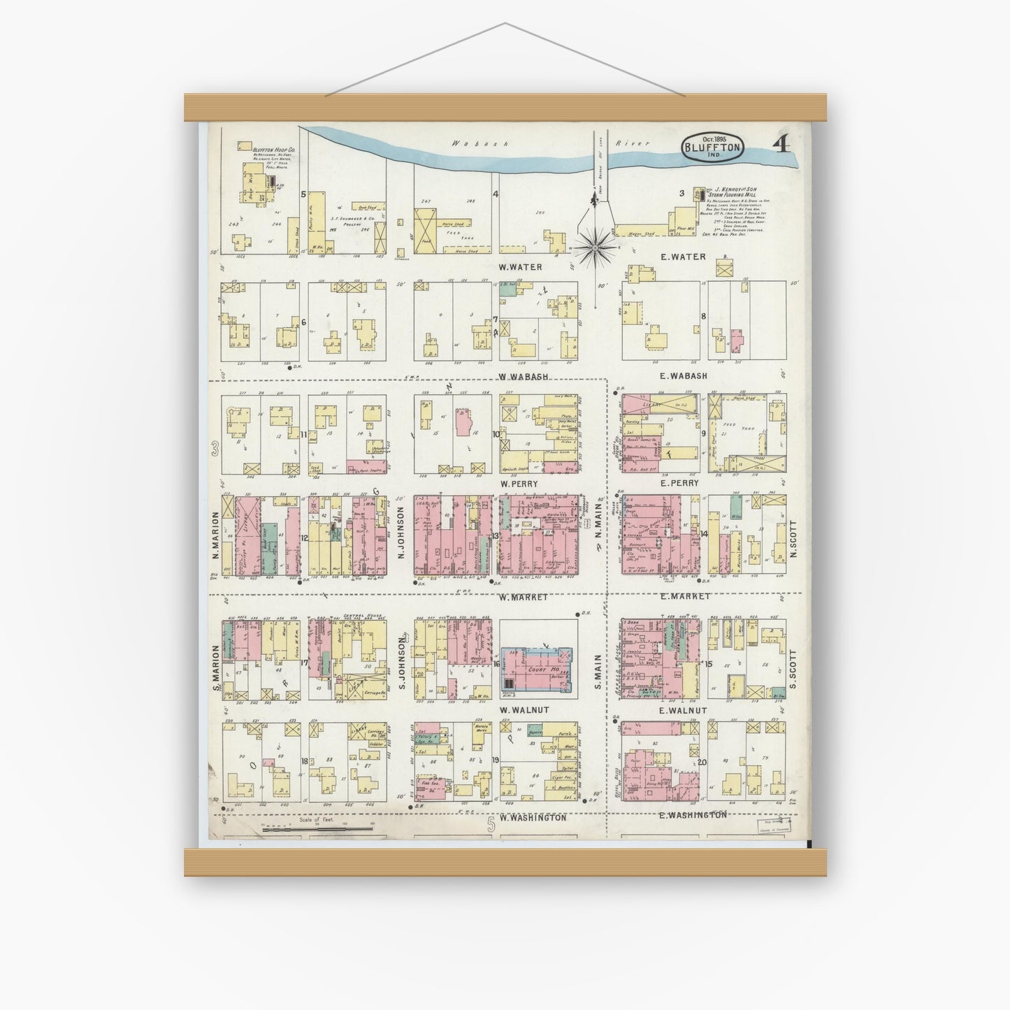 Old map wall art mockup — magnetic wood frame on white wall — Sanborn Fire Insurance Map from Bluffton, Wells County, Indiana (1895), Sheet #0004