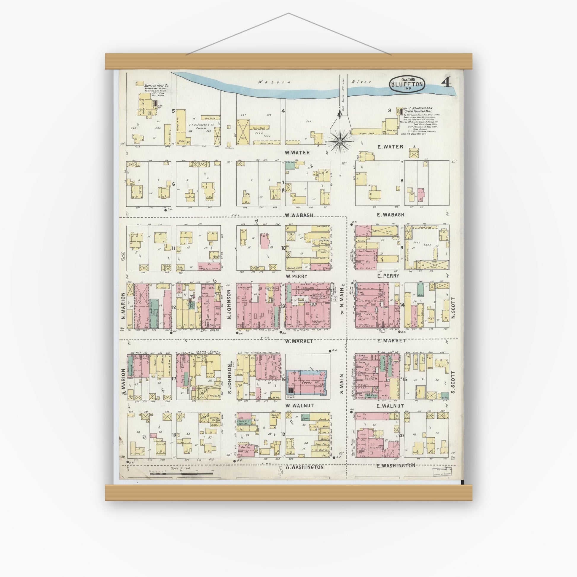 Old map wall art mockup — magnetic wood frame on white wall — Sanborn Fire Insurance Map from Bluffton, Wells County, Indiana (1895), Sheet #0004
