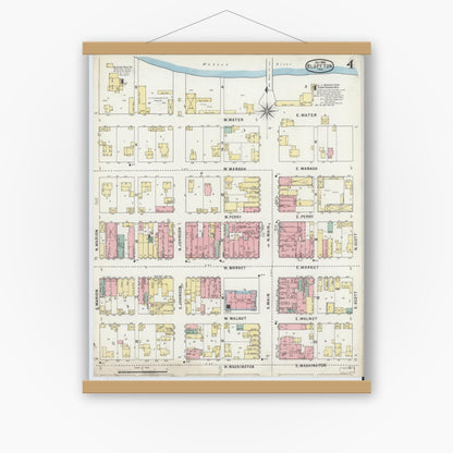 Old map wall art mockup — magnetic wood frame on white wall — Sanborn Fire Insurance Map from Bluffton, Wells County, Indiana (1895), Sheet #0004