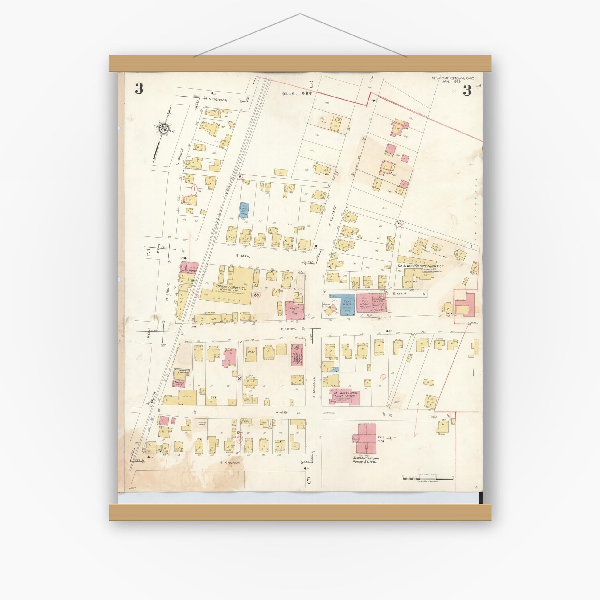 Old map wall art mockup — magnetic wood frame on white wall — Sanborn Fire Insurance Map from Newcomerstown, Tuscarawas County, Ohio (1933), Sheet #0003