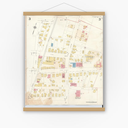 Old map wall art mockup — magnetic wood frame on white wall — Sanborn Fire Insurance Map from Newcomerstown, Tuscarawas County, Ohio (1933), Sheet #0003