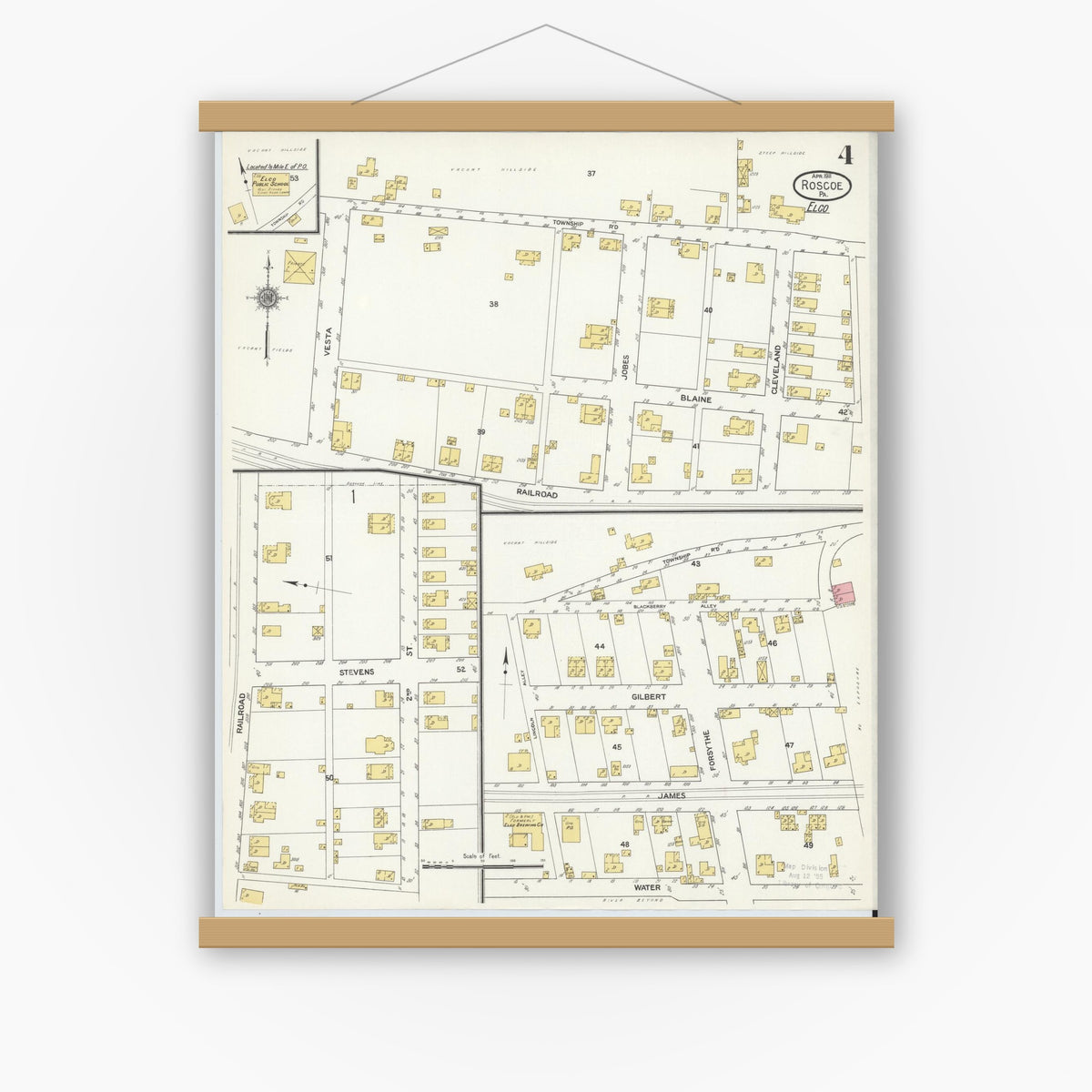 Old map wall art mockup — magnetic wood frame on white wall — Sanborn Fire Insurance Map from Roscoe, Washington County, Pennsylvania (1911), Sheet #0004