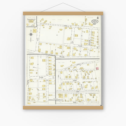Old map wall art mockup — magnetic wood frame on white wall — Sanborn Fire Insurance Map from Roscoe, Washington County, Pennsylvania (1911), Sheet #0004