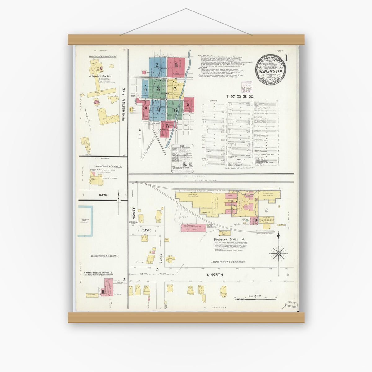 Old map wall art mockup — magnetic wood frame on white wall — Sanborn Fire Insurance Map from Winchester, Randolph County, Indiana (1907) - Complete Map Set