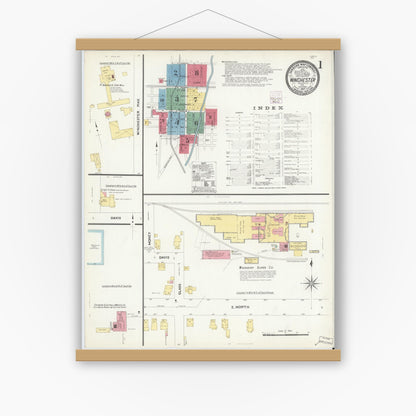 Old map wall art mockup — magnetic wood frame on white wall — Sanborn Fire Insurance Map from Winchester, Randolph County, Indiana (1907) - Complete Map Set