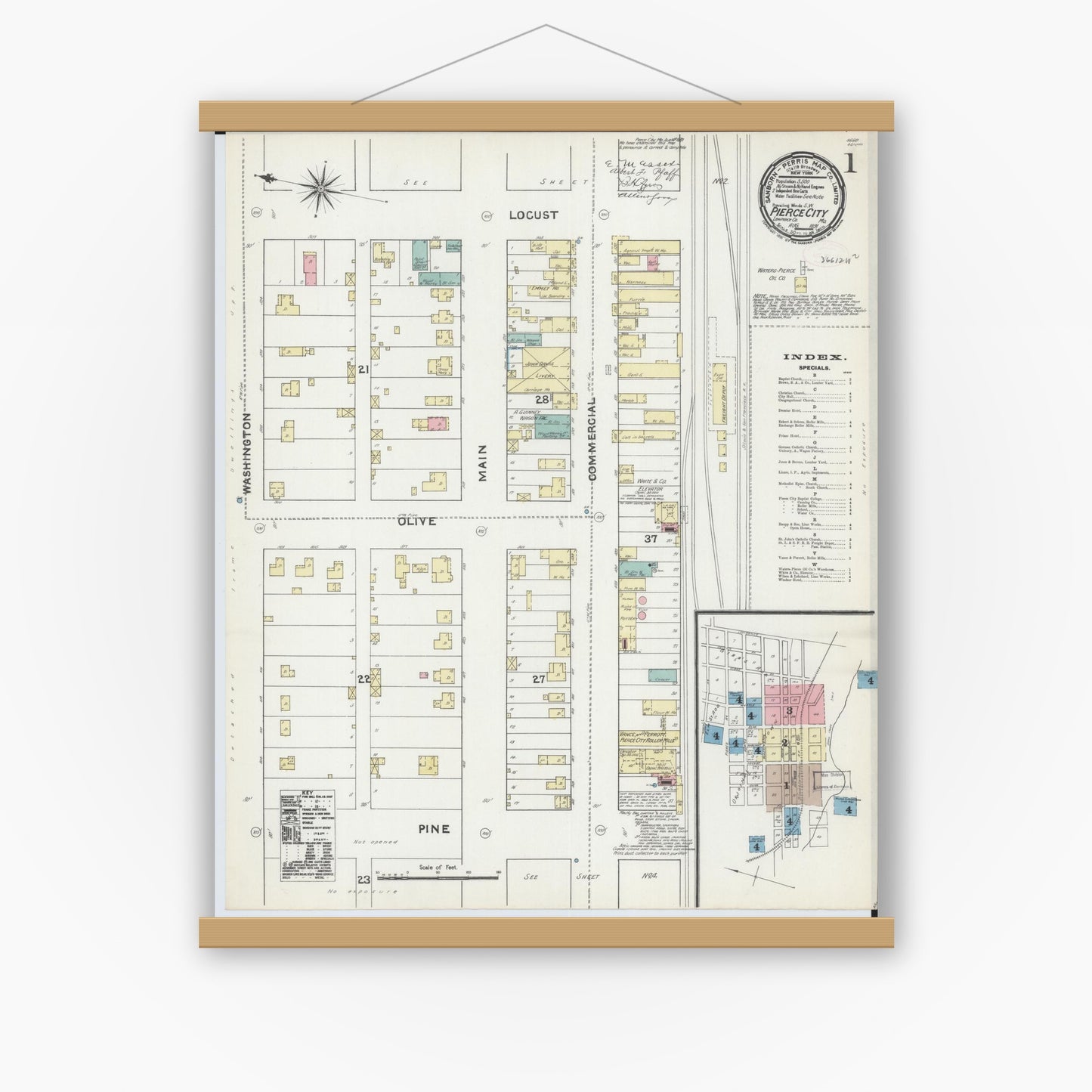 Old map wall art mockup — magnetic wood frame on white wall — Sanborn Fire Insurance Map from Pierce City, Lawrence County, Missouri (1891) - Complete Map Set