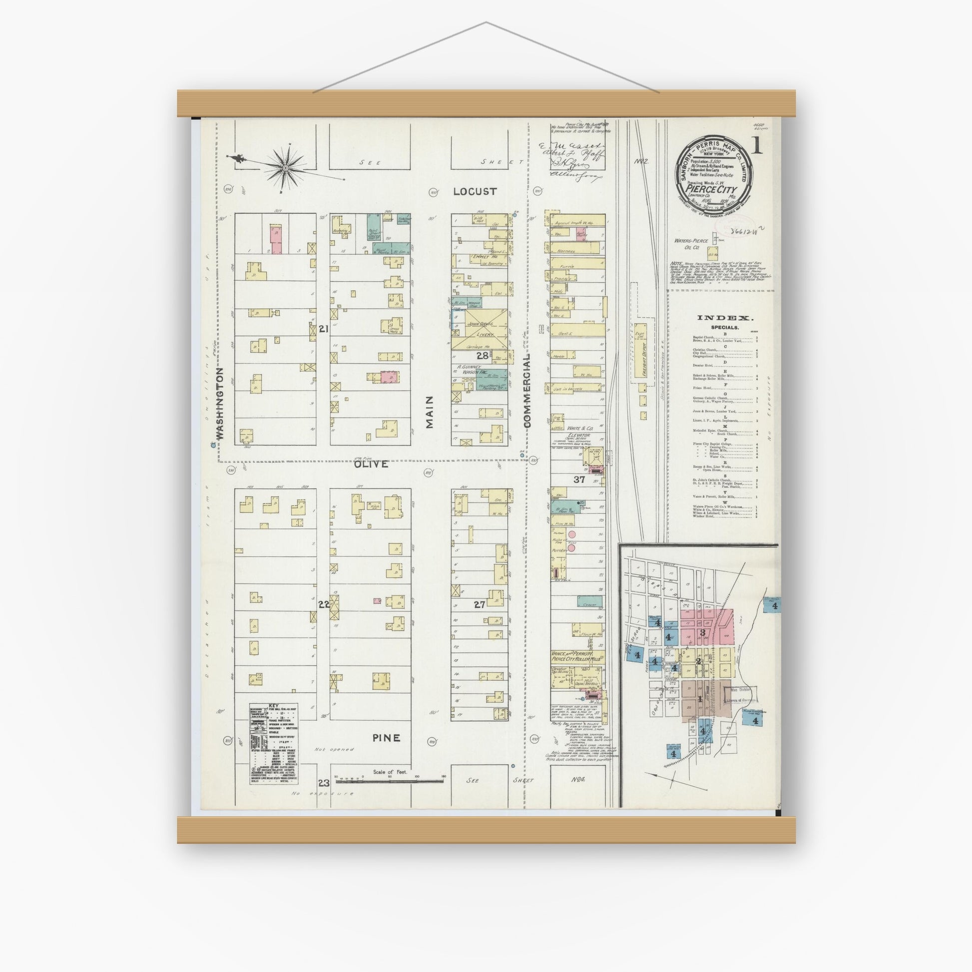 Old map wall art mockup — magnetic wood frame on white wall — Sanborn Fire Insurance Map from Pierce City, Lawrence County, Missouri (1891) - Complete Map Set