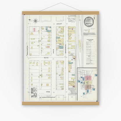Old map wall art mockup — magnetic wood frame on white wall — Sanborn Fire Insurance Map from Pierce City, Lawrence County, Missouri (1891) - Complete Map Set