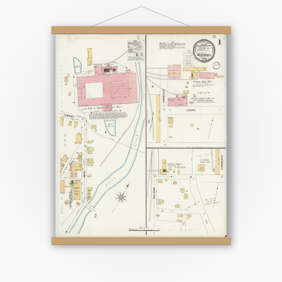 Old map wall art mockup — magnetic wood frame on white wall — Sanborn Fire Insurance Map from Weatherly, Carbon County, Pennsylvania (1900) - Complete Map Set