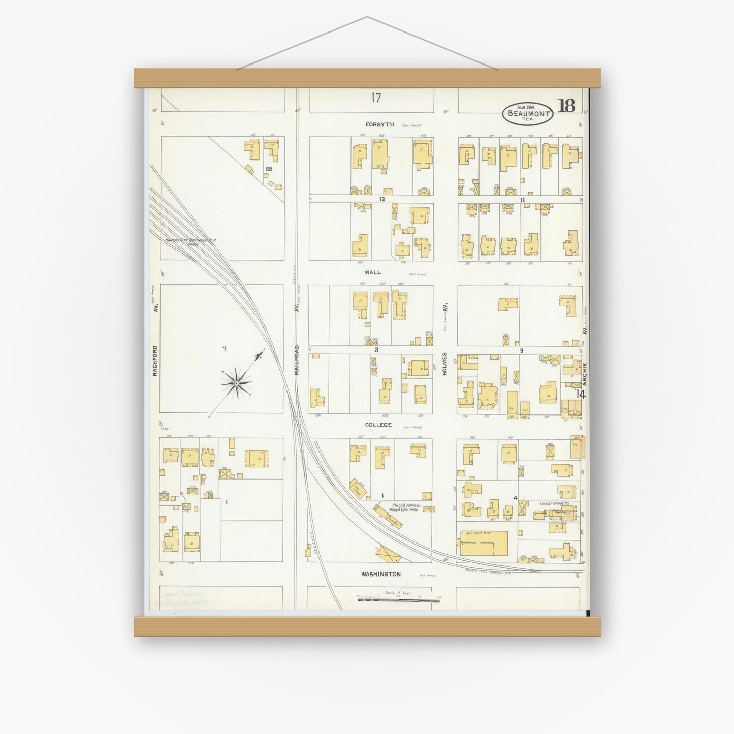 Old map wall art mockup — magnetic wood frame on white wall — Sanborn Fire Insurance Map from Beaumont, Jefferson County, Texas (1904), Sheet #0018