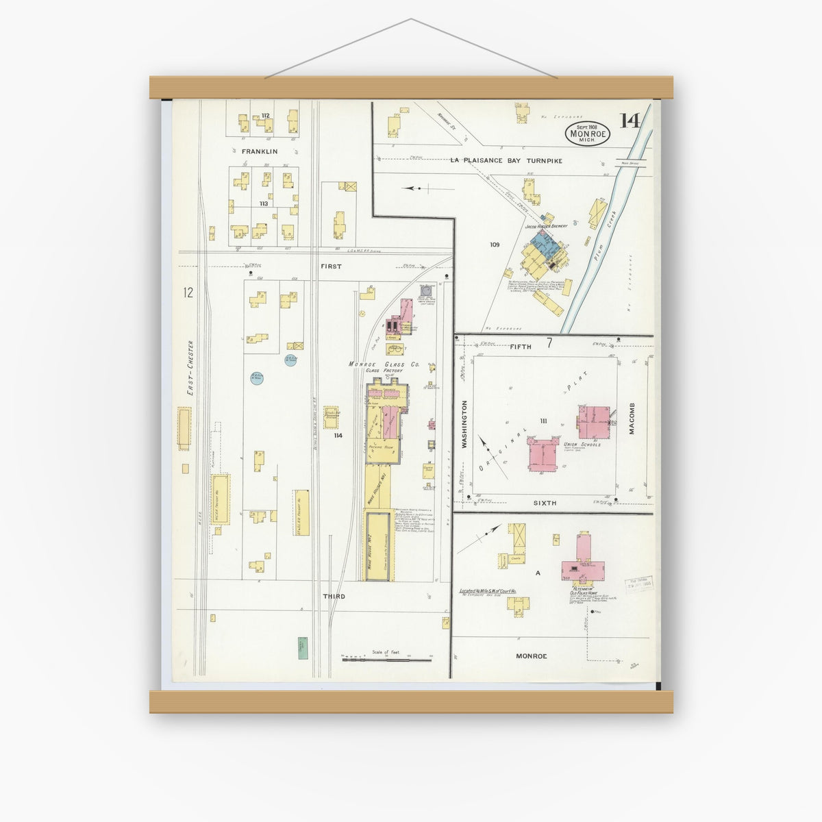 Old map wall art mockup — magnetic wood frame on white wall — Sanborn Fire Insurance Map from Monroe, Monroe County, Michigan (1908), Sheet #0014