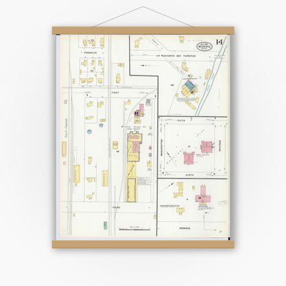 Old map wall art mockup — magnetic wood frame on white wall — Sanborn Fire Insurance Map from Monroe, Monroe County, Michigan (1908), Sheet #0014