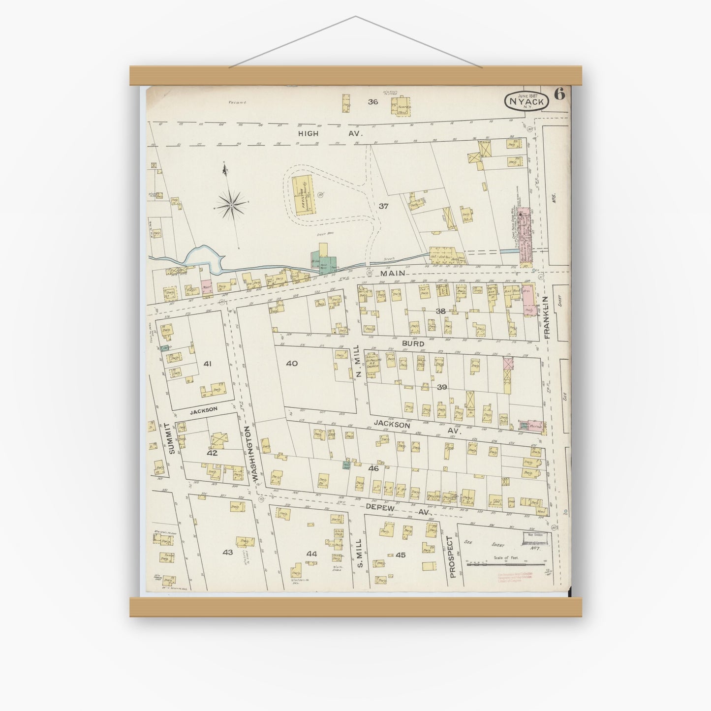 Old map wall art mockup — magnetic wood frame on white wall — Sanborn Fire Insurance Map from Nyack, Rockland County, New York. (1887), Sheet #0006