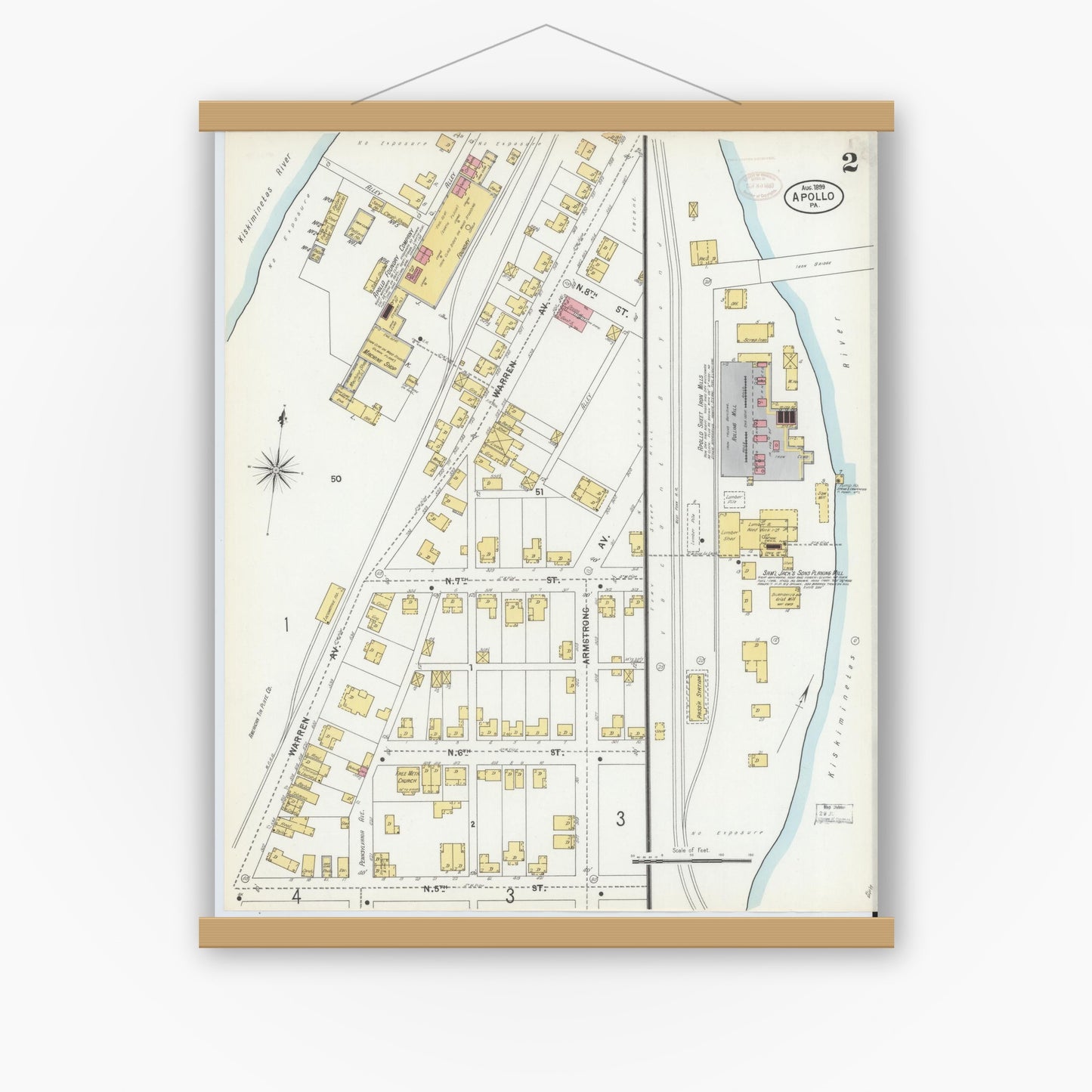 Old map wall art mockup — magnetic wood frame on white wall — Sanborn Fire Insurance Map from Apollo, Armstrong County, Pennsylvania (1899), Sheet #0002